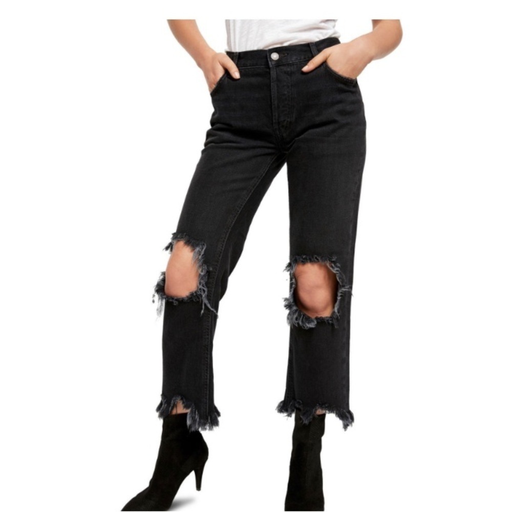 Free People Black Cropped Distressed Straight leg denim jeans size 27
